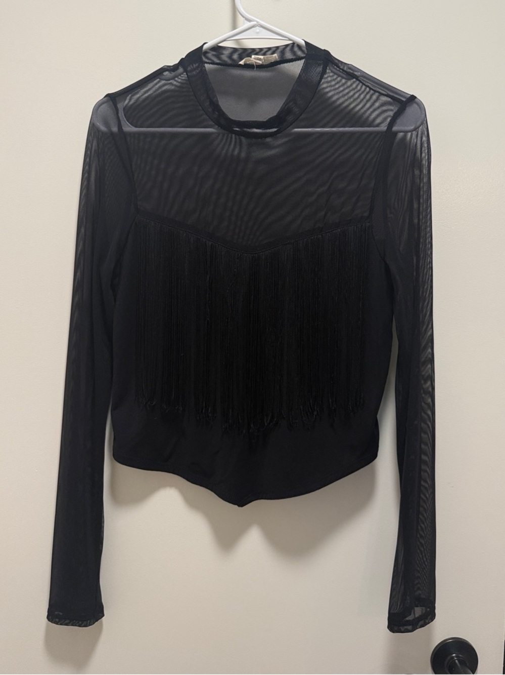 Moa Moa Black Sheer Fringe Mesh Long Sleeve Top